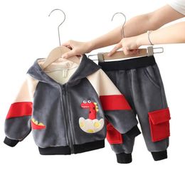 Autumn Children Boys Clothing Set Baby Plus Velvet Cartoon Dinosaur Hooded Jacket Coats Pants 2Pcs Kids Tracksuit for 1-5 Years 240202