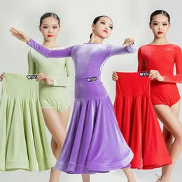 Stage Wear Fashion Girls Latin Dance Competition Dress Long Sleeved Velvet Ballroom Performance Dresses Waltz Modern Dancewear SL9279