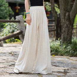 Ethnic Clothing Summer Elegant Cotton Linen Bottoms All-match Long Legs Casual Vintage Culottes Wide-leg Chinese Style Pants For Women