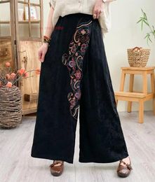 Ethnic Clothing 2024 Chinese Vintage Pants National Flower Embroidered Loose Women Traditional Wide Leg Trousers Jacquard