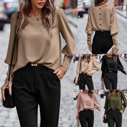 Women's T Shirts Autumn Woman Black Solid Colour O-Neck Button Long Sleeve Loose Aesthetic Fall Clothing 2024