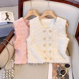 Women's Vests Summer Round Neck Vest Women Thin Tweed Tassel Waistcoat Double Breasted Sleeveless Chaleco Mujer Slim Short Femme Crop Top