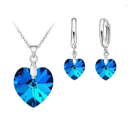 Necklace Earrings Set Austrian Crystal 925 Sterling Silver Jewelry Heart Pendant Necklaces Lever Back Woman Accessories Gift