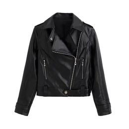 Women's Motorcycle Style Fashion leather jacket with belt short coat with downgraded zipper and vintage lapel jacket 240125