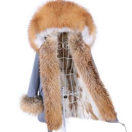 MAOMAOKONG Removable Real Fox Fur Collar Coats Woman Winter Jacket Hooded Rabbit fur lining Long Parkas Female Clothes 240125