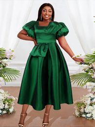 Puff Sleeve Ball Gown Dresses Plus Size Elegant Ladies High Waist Pleated Dark Green Ruffles Shiny Midi Evening Party Outfits 240129