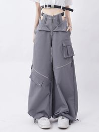 QWEEK Streetwear Cargo Pants Women Y2k Baggy Techwear Wide Leg Trousers Sexy High Waisted Hollow Out Gray Black Pantalones Mujer 240129