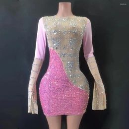 Casual Dresses 2024 Women Celebrity Sexy Long Sleeve Diamonds Mesh Pink Mini Bodycon Dress Elegant Evening Party Club