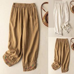 Women's Pants Casual Embroidery Cotton Linen Harem Women 2024 Summer Loose Trousers Fashion Solid Color