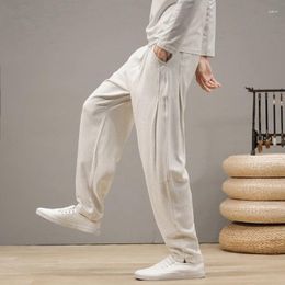 Ethnic Clothing High Hanging Chinese Style For Men Fold Design Autumn Linen Trousers Men's Wide-leg Casual Harem Pants Solid Colour