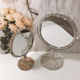 Sparkling High-grade Diamond Makeup Mirror Creative Rhinestone Mirrors Rotatable Girl Bling Room Table Makeup Decor Round Mirror 240127