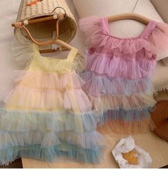 Girls Rainbow Dress Children Mesh Puffy Birthday Party Tutu Vestidos for 110T Summer Princess Dance Cake Costume 240129