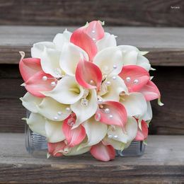 Wedding Flowers Artificial Calla Flower Bouquet Pink Lily 2 Colours Pearls Bride Bouque De Novia