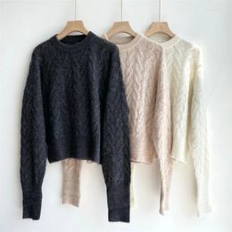 Women's Sweaters Round Neck Pullover Twist Solid Color Sweater Mohair Knitted Wool Blend Winter Long-sleeved Top