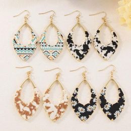 Dangle Earrings Western Style Aztec Pattern Daisy Floral Print Leather Marquise For Women Cow Open Oval Jewellery