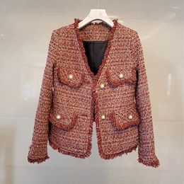 Women's Jackets Fall V-neck Small Fragrant Tassel Sweet Luxury Tweed Jacket Pearl Buttons Woollen Slim Coats Outerwear Top Casaco Winter