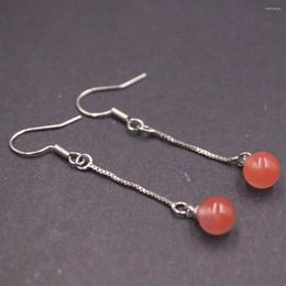 Dangle Earrings Pure S925 Sterling Silver For Women 7mm Red Agate Ball Hook 2inchH