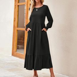 Casual Dresses Vintage Solid For Women Clothing O Neck Office Lady Pockets Loose Long Sleeve Midi Dress Spring 2024
