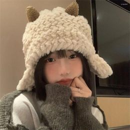 Berets Winter Warm Plush Hat Casual Cute Sheep Solid Color Bonnet Caps Thickened Beanies Outdoor