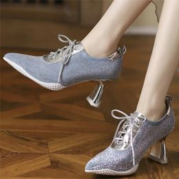 Dress Shoes 2024 Wedding Party Rhinestones Women Lace Up Genuine Leather High Heel Pumps Female Pointed Toe Ankle Booties Casual