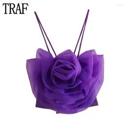 Women's Tanks TRAF 2024 Flower Crop Top Woman Organza Tulle Corset Women Sexy Backless Tube Female See Through Summer Tops For