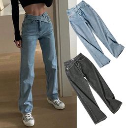 Woman Oblique Belt Jeans High Waist Clothes Wide Leg Denim Clothing Blue Gray Streetwear Vintage Fashion Harajuku Straight Pants 240129