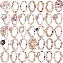 Cluster Rings Classic Rose Gold Series Ring 925 Sterling Silver Shiny Daisy Heart-shaped Round Crown Charm Fit DIY Ladies Jewelry Gifts