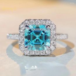 Cluster Rings Shining U Silver High Carbon Diamond 3ct Square Full Gems Aquamarine Ring For Women Asscher Cut Fine Jewellery Banquet