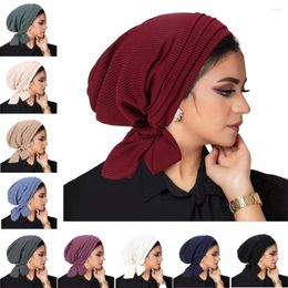 Ethnic Clothing Pre-Tied Muslim Women Hijab Bonnet Chemo Cap Underscarf Pleated Bandana Hair Loss Hat Beanies Cancer Femme Headband Wraps