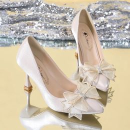 Rimocy Rhinestone Bowtie Pointed Toe Womens Pumps Spring Satin Bridal Wedding Shoes Shallow Woman Stiletto Red 240119