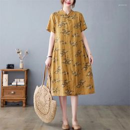 Party Dresses Summer Casual Cotton Shirt Dress Chinese Style Vintage Cheongsam Short Sleeve Floral Print Midi-calf Robe Femme
