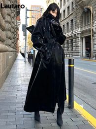 Lautaro Spring Autumn Extra Long Oversized Cool Reflective Shiny Black Paten Leather Trench Coat for Women Belt Runway Fashion 240129