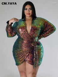 Plus Size Dresses CM.YAYA Women Long Sleeve Wrap Tie Up Side Sequined Bodycon Midi Dress 2024 Sexy Party Evening Chic Vestidos