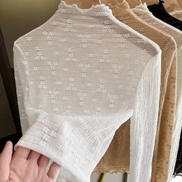 White Mesh Lace Bottom Blouse Women Spring Autumn Slim French Style Shirt Sexy Half High Collar Jacket Design 240202