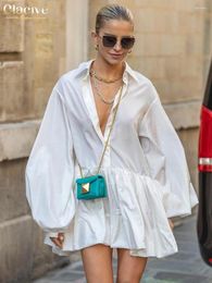 Casual Dresses Clacive Fashion Loose White Dress Lady Lapel Puff Sleeve Mini Shirt Elegant Classic Pleated For Women 2024