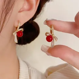 Hoop Earrings Korean Elegant Retro Bow Red Pearl Ear Buckle Autumn And Winter Style Design Fashion High Grade For Women.