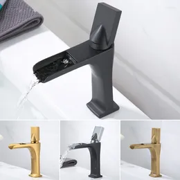 Bathroom Sink Faucets Basin Faucet Solid Brass Waterfall & Cold Single Handle Deck Mounted Mixer Taps Brushed Gold/Black