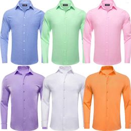 Men's Dress Shirts Hi-Tie Silk Solid Mens Shirt Spring Autumn Lapel Long Sleeve For Male Gift Blue Green Pink Purple White Black Orange
