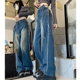 Women's Jeans Vintage Sexy Lace Up High Waist Wide Leg Women Streetwear Tassel Design Loose Denim Straight Pants S794