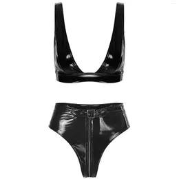 Bras Sets Womens Patent Leather Bra Tops With High Waist Zipper Briefs Set Nightclub Push Up Bralette Underwear Lingerie Outfits