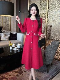 Casual Dresses ZJYT Elegant Women's Beading Midi Tweed For Autumn 2024 Fashion Long Sleeve Aline Red Party Vestidos Black Robe