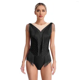 Scen Wear Womens Ballet Gymnatics Leotard Rhinestone fransed bodysuit dancewear för latin tango rumba performance dance costume