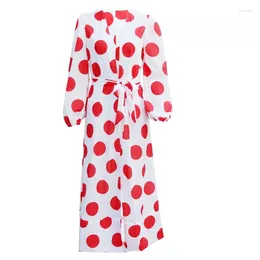 Women's Swimwear Women Puff Long Sleeve Chiffon Kimono Cardigan Bikini Swimsuit Cover Up Vintage Red Big Polka Dot Belted Bech Maxi Dress