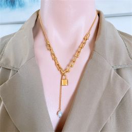 Pearl Tassel U-shaped Chain Letter Love Small Lock Pendant Short Womens 14k Yellow Gold Necklace Jewelry