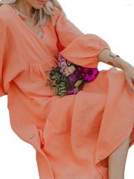 Casual Dresses Women Solid Maxi Dress Long Puff Sleeve V Neck Oversized Relaxed Flowy Beach Cotton Sundress