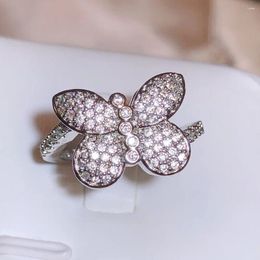 Cluster Rings 925 Sterling Silver Exquisite Big Butterfly White Zircon Ring Full Of Diamonds For Ladies Jewelry Party Wedding Birthday Gift