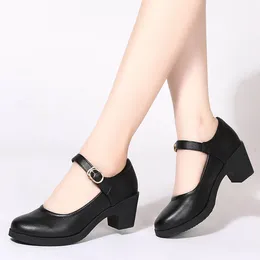 Dress Shoes Women Casual Mary Jane Solid Colour Round Toe Female Buckle Strap Footwear Low Heel Thick Heels Patent Leather Sandals