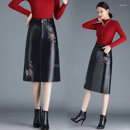 Ethnic Clothing 2024 Chinese Embroidery Leather Skirt Half Women Mid-length Bag Hip Autumn And Winter Pu S954