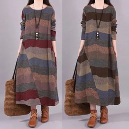 Vintage Elegance Loose Stitching Striped Cotton And Linen Round Neck Long Sleeved Casual Dresses For Women Vestidos Para Mujer 240119