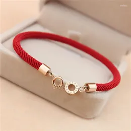 Strand Vintage Chinese Style Charm Bracelet Rose Gold Plated Stainless Steel Red Rope Roman Numerals For Women AB18149
